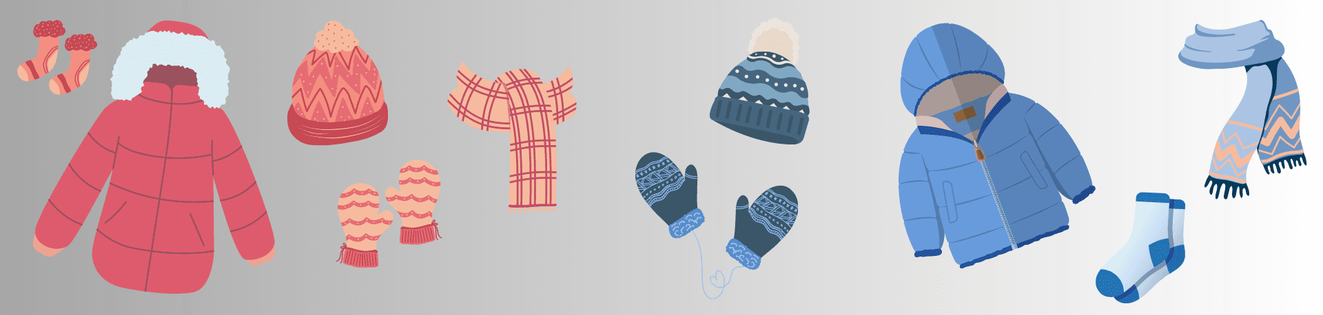 image of different types of mittens, coats, socks, scarfs, and hats